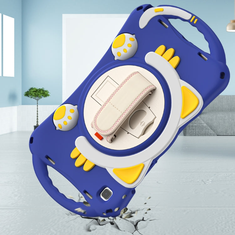 For Samsung Galaxy Tab A7 10.4 2020 SM-T500 Cute Cat King Kids Shockproof Silicone Tablet Case with Holder & Shoulder Strap & Handle(Dark Blue) by bashfashion