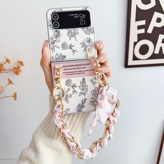 For Samsung Galaxy Z Flip4 5G Pearlescent Paint Painted PC Phone Case with DIY Scarf Bracelet(Sketch Flower) by bashfashion