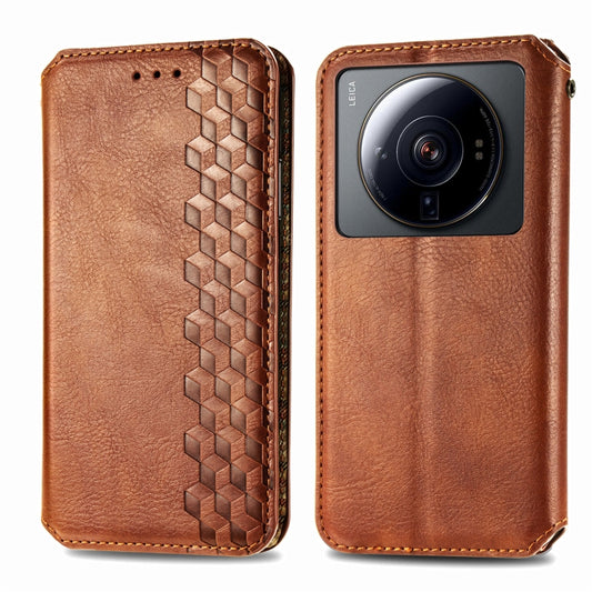 For Xiaomi 12S Ultra Cubic Grid Pressed Magnetic Leather Phone Case(Brown) by bashfashion