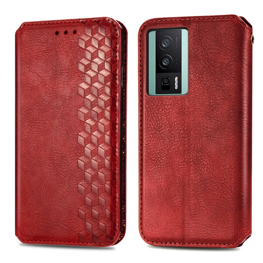 For Xiaomi Poco F5 Pro Cubic Grid Pressed Magnetic Leather Phone Case(Red) by bashfashion