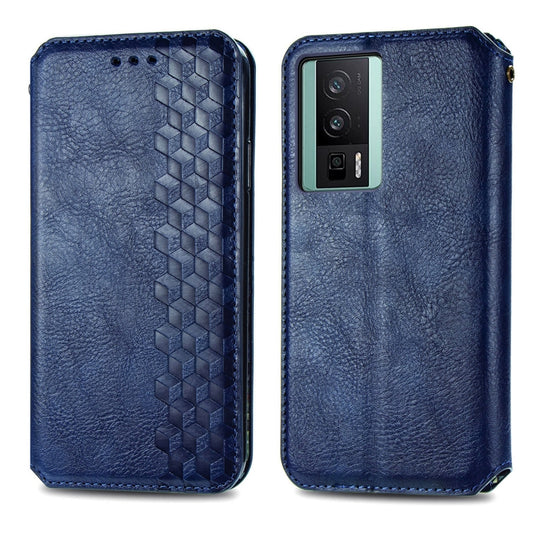 For Xiaomi Poco F5 Pro Cubic Grid Pressed Magnetic Leather Phone Case(Blue) by bashfashion