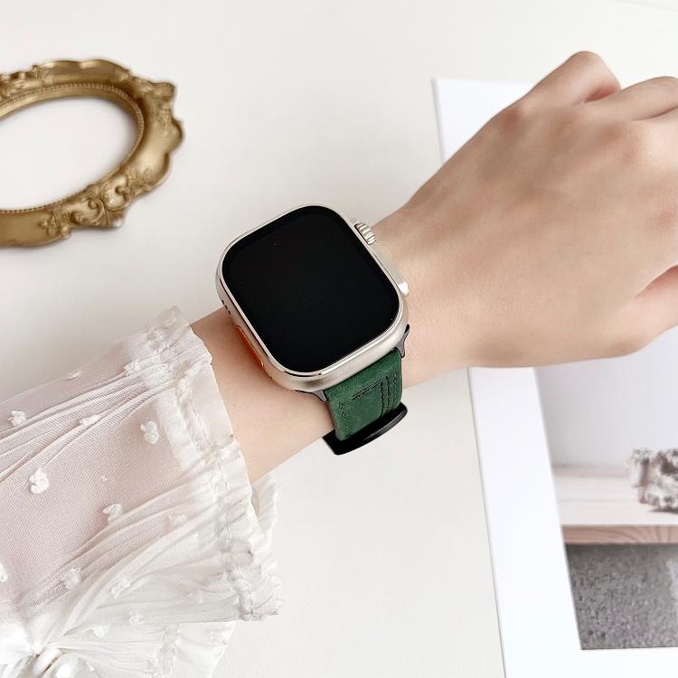 For Apple Watch 46mm / 49mm / 45mm / 44mm 7-Line Tri-Star Buckle Pull Up Leather Watch Band(Black Blue Thread) by bashfashion