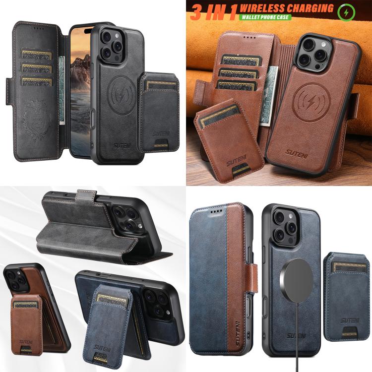 For iPhone 16 Pro Max Suteni Q07S2 3-in-1 Detachable Vertical Flip Wallet MagSafe Splicing Leather Phone Case(Black) by Suteni