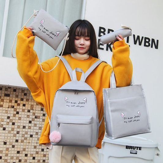 4pcs /Set Student Schoolbag Casual Outdoor Traveling Shoulder Bag(Light Grey) by bashfashion