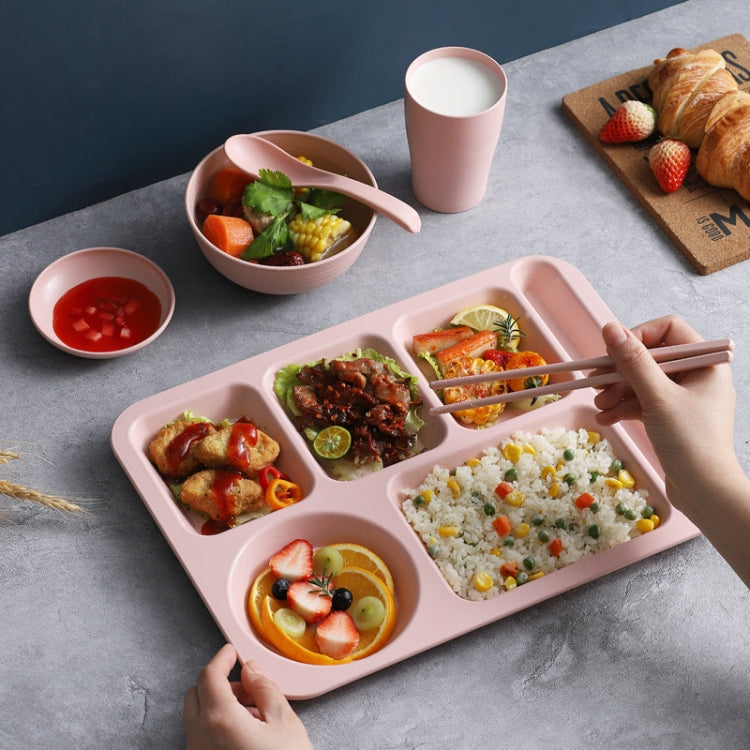 4pcs /Set Wheat Straw Split Dining Plate With Bowl Chopsticks Spoon Tableware Set(Green) by bashfashion