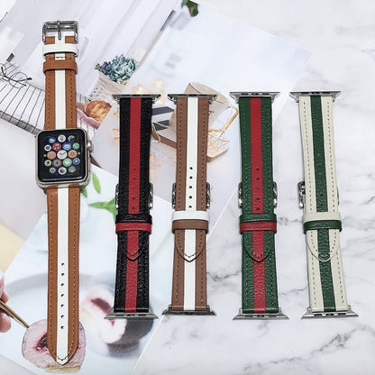 Two-color Stitching Lychee Texture Leather Watch Band For Apple Watch Series 9&8&7 41mm / SE 3&SE 2&6&SE&5&4 40mm / 3&2&1 38mm(Brown White) by bashfashion