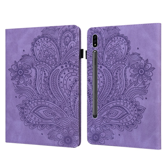 For Samsung Galaxy Tab S9 / S9 FE Peacock Embossed Pattern Leather Tablet Case(Purple) by bashfashion