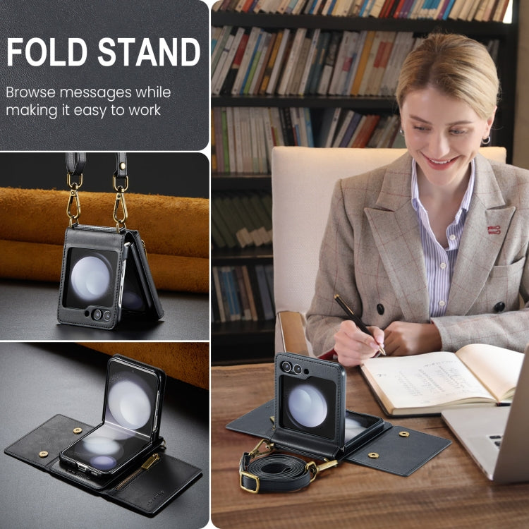 For Samsung Galaxy Z Flip5 5G DG.MING M5 Series Zip RFID Multi Card Detachable Leather Phone Case with Long Lanyard(Black) by DG.MING