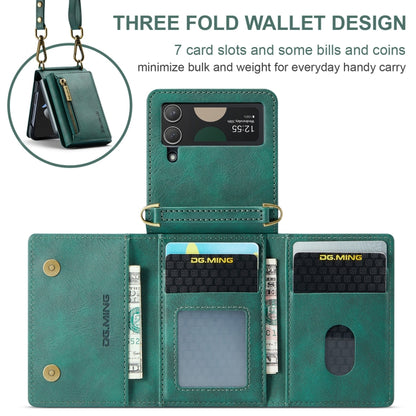 For Samsung Galaxy Z Flip3 5G DG.MING M5 Series Zip RFID Multi Card Detachable Leather Phone Case with Long Lanyard(Green) by DG.MING