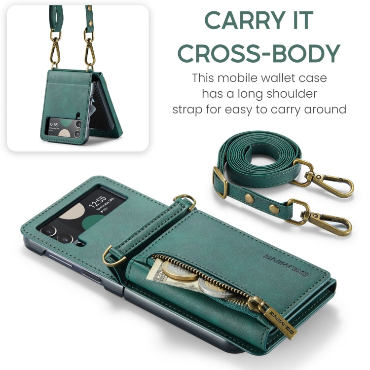 For Samsung Galaxy Z Flip3 5G DG.MING M5 Series Zip RFID Multi Card Detachable Leather Phone Case with Long Lanyard(Green) by DG.MING