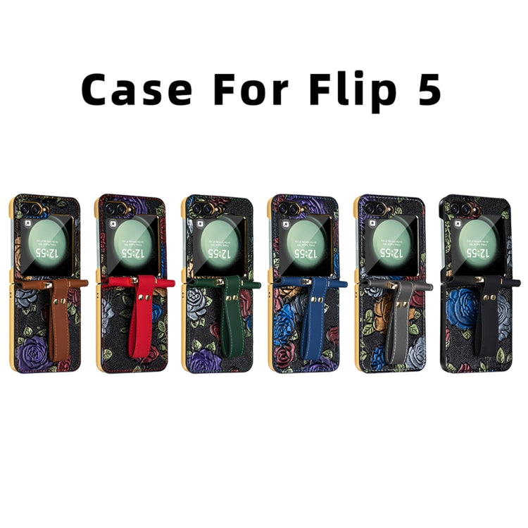 For Samsung Galaxy Z Flip5 VIETAO Integrated Embossed Pattern Full Coverage Phone Case with Wrist Strap(Brown) by VIETAO