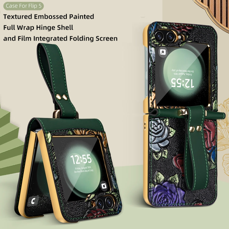 For Samsung Galaxy Z Flip5 VIETAO Integrated Embossed Pattern Full Coverage Phone Case with Wrist Strap(Brown) by VIETAO