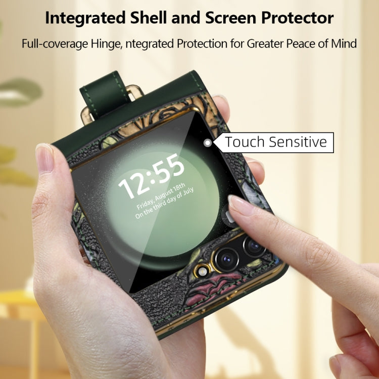 For Samsung Galaxy Z Flip5 VIETAO Integrated Embossed Pattern Full Coverage Phone Case with Wrist Strap(Brown) by VIETAO