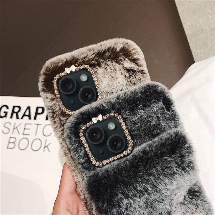For iPhone 12 mini Diamond Lens Ring Solid Color Plush Phone Case(Brown) by bashfashion
