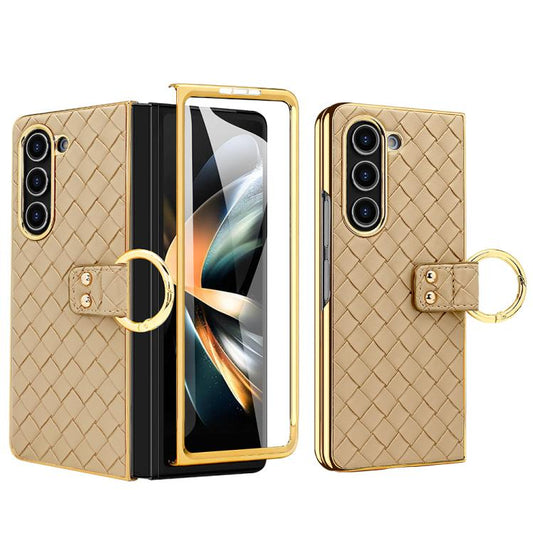 For Samsung Galaxy Z Fold3 5G VIETAO Woven Leather Metal Ring Phone Case(Gold) by VIETAO