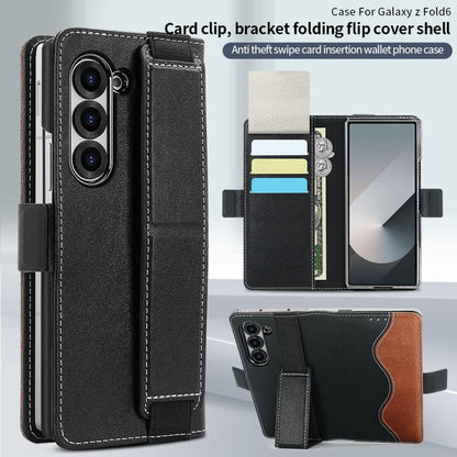 For Samsung Galaxy Z Fold6 VIETAO Integrated Spliced Leather Phone Case with Elastic Bowl Strap(Black) by VIETAO