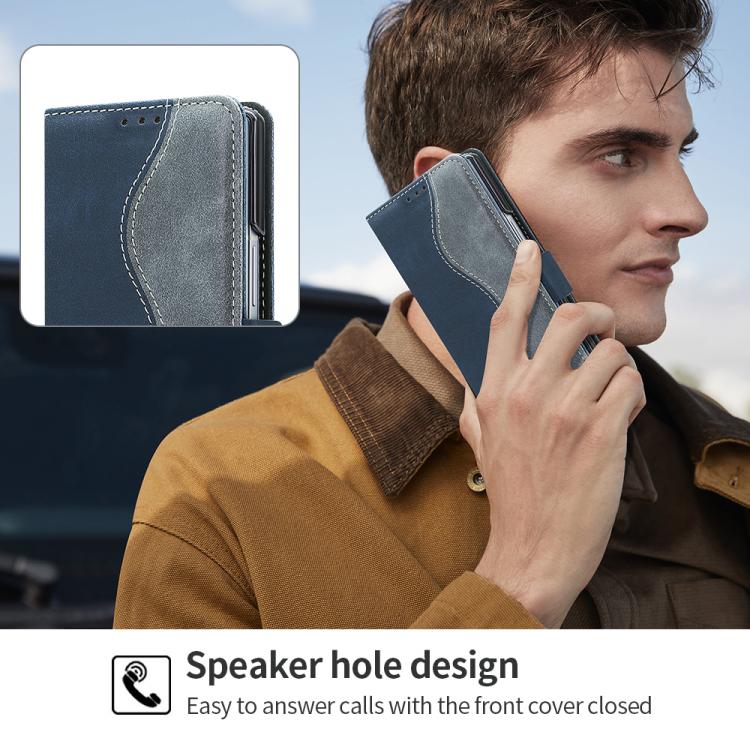 For Samsung Galaxy Z Fold5 VIETAO Integrated Spliced Leather Phone Case with Elastic Bowl Strap(Blue) by VIETAO