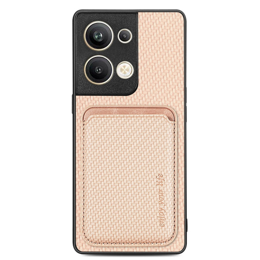 For OPPO Reno9 Pro+ Carbon Fiber Leather Card Magsafe Magnetic Phone Case(Khaki) by bashfashion