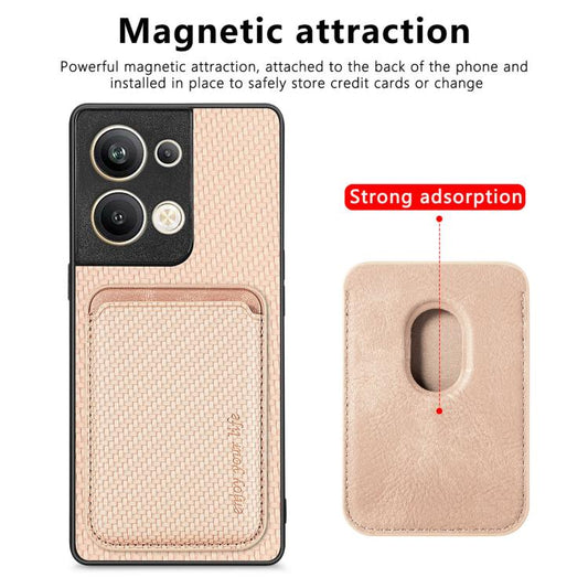 For OPPO Reno9 Carbon Fiber Leather Card Magsafe Magnetic Phone Case(Khaki) by bashfashion
