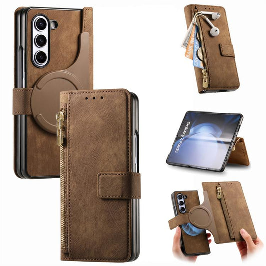 For Samsung Galaxy Z Fold5 5G Retro MagSafe Magnetic Zipper Wallet Leather Phone Case(Brown) by bashfashion