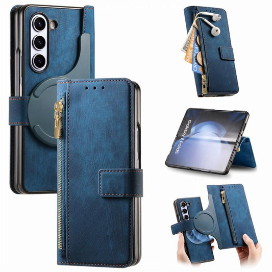 For Samsung Galaxy Z Fold5 5G Retro MagSafe Magnetic Zipper Wallet Leather Phone Case(Blue) by bashfashion