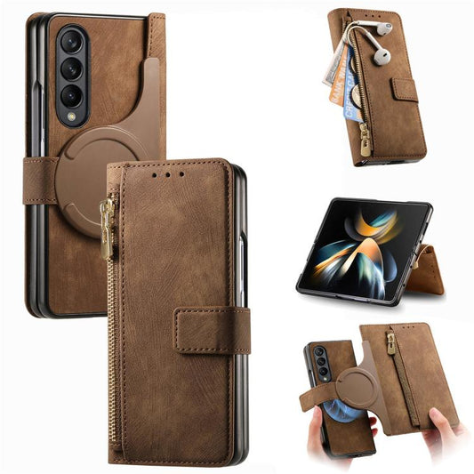 For Samsung Galaxy Z Fold4 Retro MagSafe Magnetic Zipper Wallet Leather Phone Case(Brown) by bashfashion