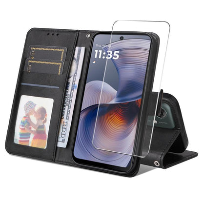 For Motorola Moto G55 ENKAY Card Wallet Calf Texture Leather Phone Case with Screen Film(Black) by ENKAY