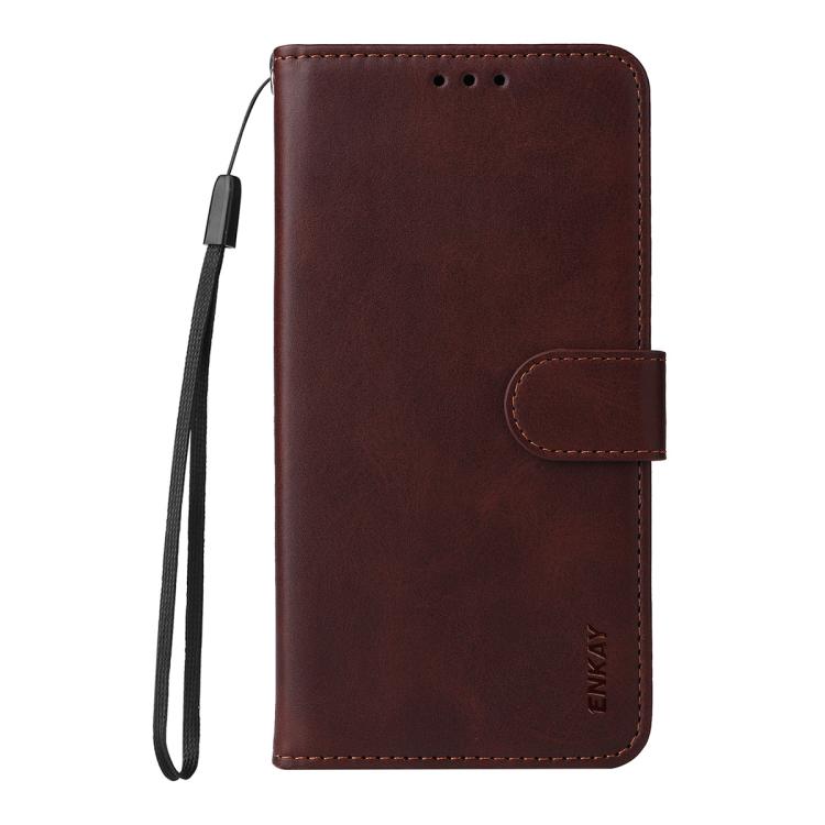 For Motorola Moto G75 ENKAY Card Wallet Calf Texture Leather Phone Case with Screen Film(Brown) by ENKAY