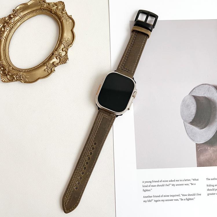 For Apple Watch 46mm / 49mm / 45mm / 44mm 7-Line Tri-Star Buckle Pull Up Leather Watch Band(Crazy Horse Army Green Black Thread) by bashfashion