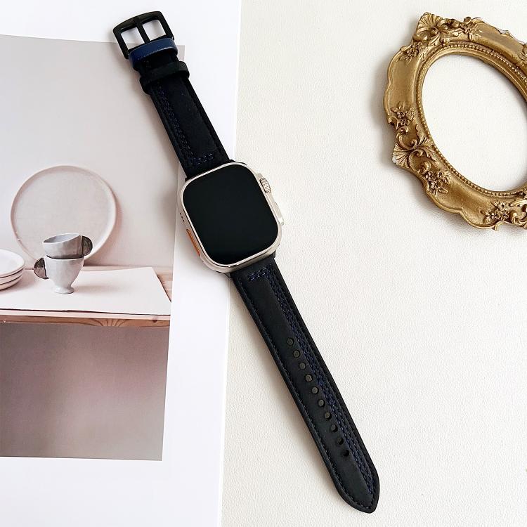 For Apple Watch 42mm / 41mm / 40mm / 38mm 7-Line Tri-Star Buckle Pull Up Leather Watch Band(Black Blue Thread) by bashfashion