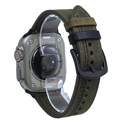 For Apple Watch 42mm / 41mm / 40mm / 38mm 7-Line Tri-Star Buckle Pull Up Leather Watch Band(Crazy Horse Army Green Black Thread) by bashfashion