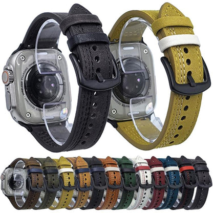 For Apple Watch 42mm / 41mm / 40mm / 38mm 7-Line Tri-Star Buckle Pull Up Leather Watch Band(Black Blue Thread) by bashfashion