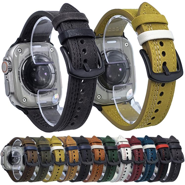 For Apple Watch 42mm / 41mm / 40mm / 38mm 7-Line Tri-Star Buckle Pull Up Leather Watch Band(Crazy Horse Light Brown Blue Thread) by bashfashion