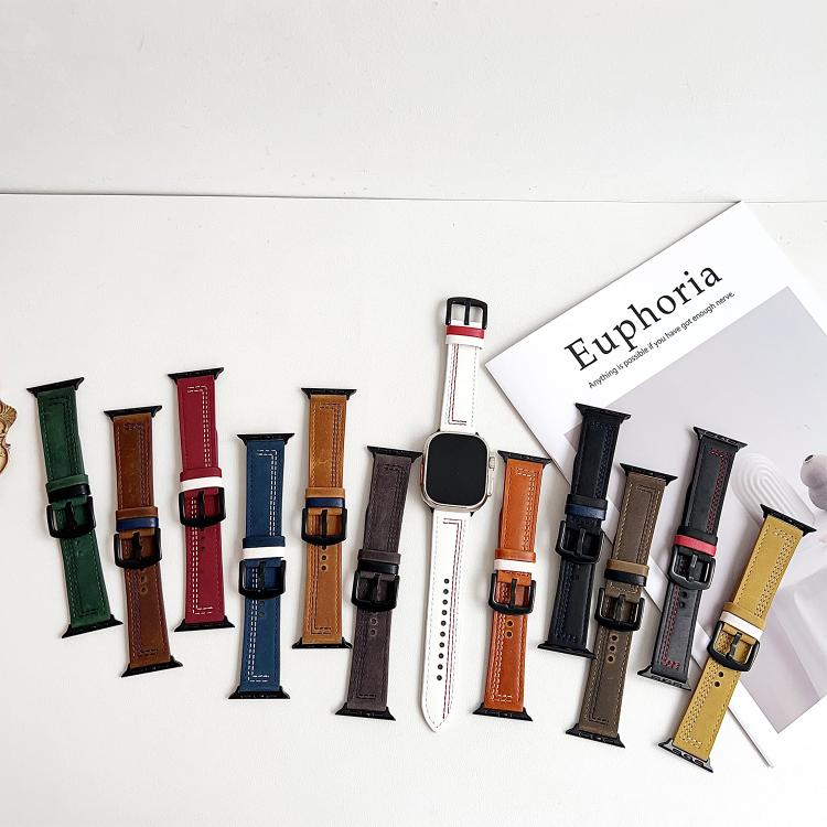 For Apple Watch 46mm / 49mm / 45mm / 44mm 7-Line Tri-Star Buckle Pull Up Leather Watch Band(Crazy Horse Green Black Thread) by bashfashion