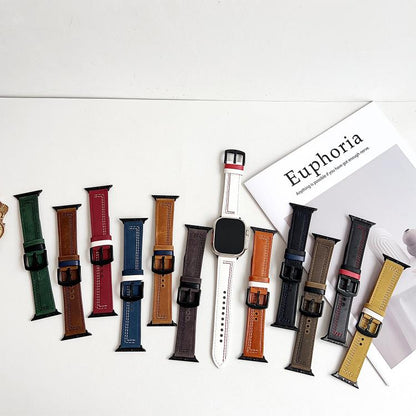 For Apple Watch 42mm / 41mm / 40mm / 38mm 7-Line Tri-Star Buckle Pull Up Leather Watch Band(Dark Blue White Thread) by bashfashion