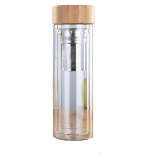Glass Water Tea Bottles with Infuser Bamboo Lid Double Wall Brief Portable Outdoor Bottle 450ML by bashfashion
