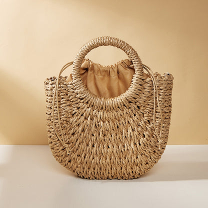 Half-moon Shape Straw Tote Bag Cross-body Woven Beach Single-shoulder Bag, Color: Camel by bashfashion