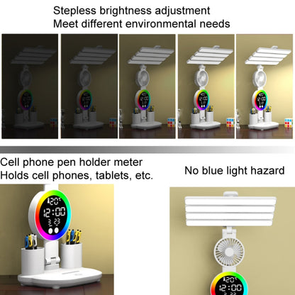 4 Heads Horizontal LED Eye-Care Table Lamp Children Study Desktop Reading Light With Pen Holder, Style: Fan Clock Rechargeable 3200mAh by bashfashion